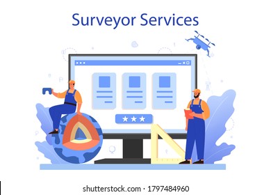 Servicio o plataforma en línea de ciencia geodésica. Tecnología de topografía terrestre. Equipo de ingeniería y topografía. Servicio de topografía. Ilustración vectorial en estilo de caricatura