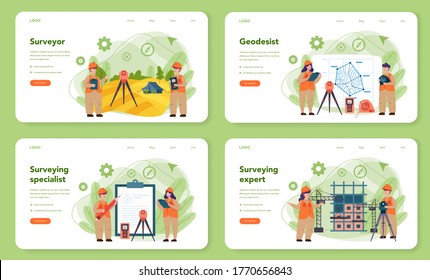 Geodesy science web banner or landing page set. Land surveying technology. Engineering and topography equipment. People with compass andmap. Vector illustration in cartoon style