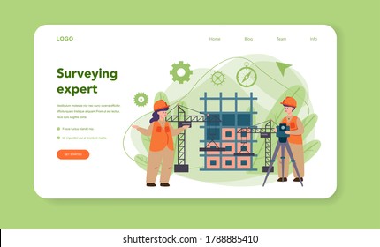 Geodesy science web banner or landing page. Land surveying technology. Engineering and topography equipment. People with compass andmap. Vector illustration in cartoon style