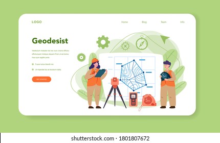Geodesy science web banner or landing page. Land surveying technology. Engineering and topography equipment. People with compass andmap. Vector illustration in cartoon style