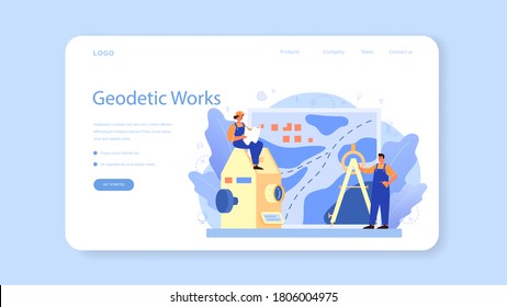 Geodesy science web banner or landing page. Land surveying technology. Engineering and topography equipment. People with compass andmap. Vector illustration in cartoon style