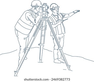 Geodesy workers team, tachymeter, theodolite, tripod. Geological investigation, construction measurement inspection illustration. 