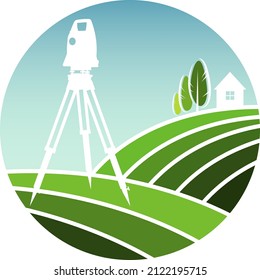 Geodetic device and green fields. Sign for business engineer surveyor