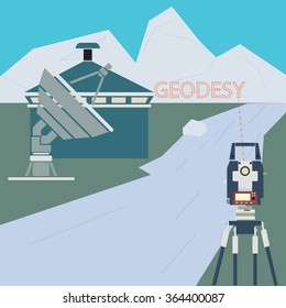 The geodetic device. Tachymeter in construction. The background image of construction. The measuring device in construction.