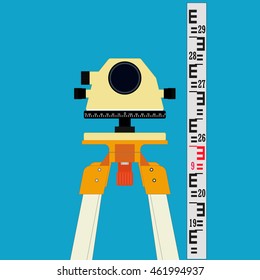 The geodetic device. Topography in construction. The background image of construction. The measuring device in construction.