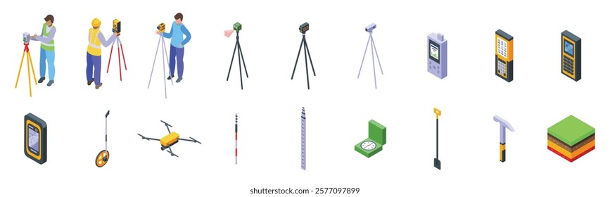 Geodetic equipment icons set. Geodesy workers using isometric electronic distance meter, total station, theodolite, levels, drone, gps, compass and other specialized measuring instruments