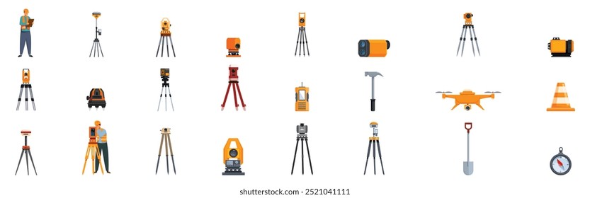 Geodetic equipment icons set. Surveyor equipment set for measuring land and height with modern technology icons set in flat style