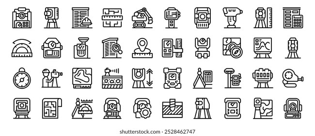 Geodetic equipment icons set. Surveyors equipment and geodesy icons set, outline style