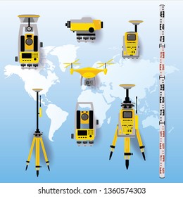 Geodetic equipment vector illustration. Measuring instruments in flat design. Theodolite, tacheometer, total station, drone, level, map sketch isolated on world map blue background.