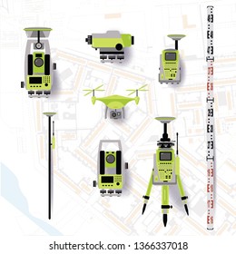 Geodetic equipment vector illustration. Measuring instruments in flat design. Theodolite, tacheometer, total station, drone, level, map sketch isolated on world map background.