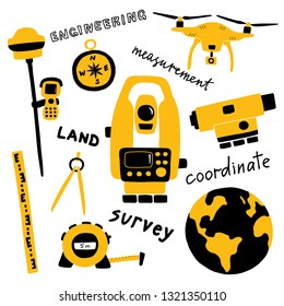 Geodetic Measuring Equipment, Engineering Technology For Land Area Survey. Funny Doodle Hand Drawn Vector Illustration. Isolated On White.