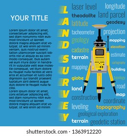 Geodetic measuring equipment, engineering technology for land survey banner on blue background. Isolate icon of total station