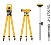 Geodetic optical measuring professional device for industrial construction set realistic vector illustration. Laser level tachymeter theodolite surveying measurement engineering instruments on tripod