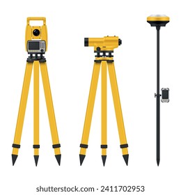 Geodetic optical measuring professional device for industrial construction set realistic vector illustration. Laser level tachymeter theodolite surveying measurement engineering instruments on tripod