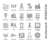 Geodetic survey engineering vector flat line icons. Geodesy equipment, tacheometer, theodolite, tripod. Geological research, building measurement inspection illustration. Construction service signs.