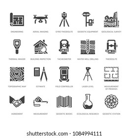 Geodetic survey engineering vector flat glyph icons. Geodesy equipment, tacheometer, theodolite. Geological research, building measurements. Construction signs. Solid silhouette pixel perfect 64x64.