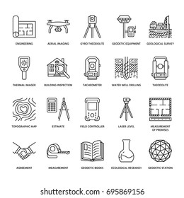 Geodetic survey engineering vector flat line icons. Geodesy equipment, tacheometer, theodolite, tripod. Geological research, building measurement inspection illustration. Construction service signs.