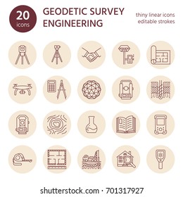 Geodetic survey engineering vector flat line icons. Geodesy equipment, tacheometer, theodolite, tripod. Geological research, building measurement inspection illustration. Construction service signs.