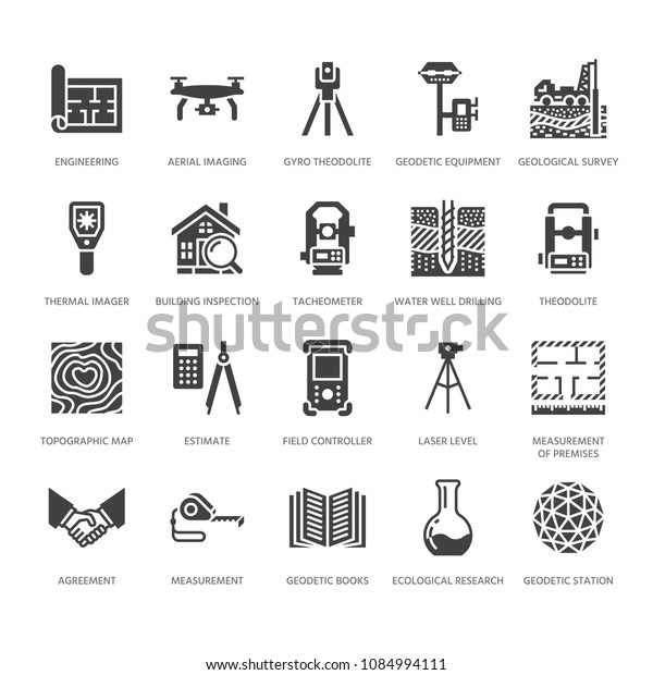 Geodetic survey engineering vector flat glyph\
icons. Geodesy equipment, tacheometer, theodolite. Geological\
research, building measurements. Construction signs. Solid\
silhouette pixel perfect\
64x64.