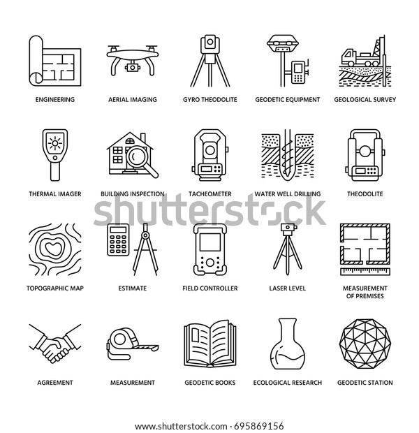 Geodetic survey engineering vector flat line\
icons. Geodesy equipment, tacheometer, theodolite, tripod.\
Geological research, building measurement inspection illustration.\
Construction service\
signs.