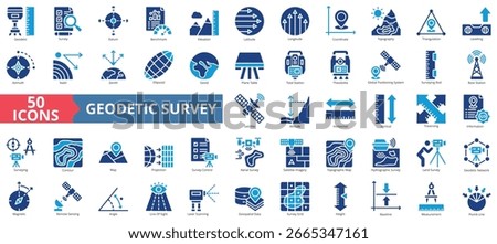 Geodetic survey icon set flat style collection. Containing survey, datum, benchmark, elevation, latitude, longitude, coordinate, topography, azimuth, theodolite