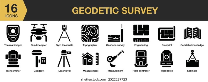 Conjunto de ícones sólidos de Pesquisa Geodésica. Inclui nível de laser, medição, taqueômetro, teodolita e muito mais. Coleção vetorial de ícones sólidos.
