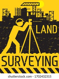 Geodetic works. Surveyor engineer work on construction site, abstract flat vector illustration