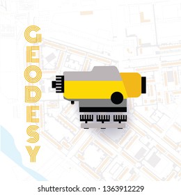 Geodetics engineering technology and equipment. Engineering technology for land survey. Vector line art illustration