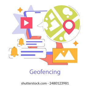 Geofencing concept. Digital boundary creation using GPS for marketing and security, with mobile alerts and location services. Vector illustration.