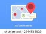 Geofencing Local Search Marketing. Digital marketing based on location, customer ratings and reviews. Local SEO for small businesses. Listings with maps, red pins, star ratings for local nearby place