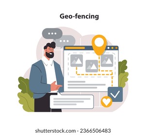 Geofencing. Lokale SEO-Optimierung. Lokale Suchergebnisse. Browser-Werbung basierend auf dem Territorium. Ortungsstift, Ortungsstelle. Globale Kommunikation, Inhalte und Feedback. Flache Vektorgrafik