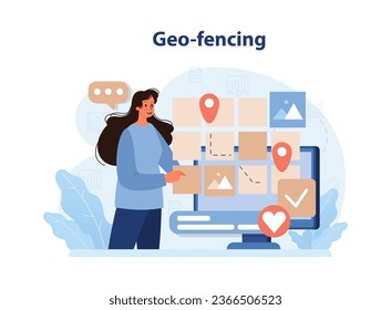 Geofencing. Lokale SEO-Optimierung. Lokale Suchergebnisse. Browser-Werbung basierend auf dem Territorium. Ortungsstift, Ortungsstelle. Globale Kommunikation, Inhalte und Feedback. Flache Vektorgrafik