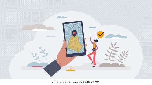 Geofencing as map area boundary for marketing action tiny person concept. GPS satellite navigation usage for smartphone ecommerce system with precise targeting vector illustration. Maps application.