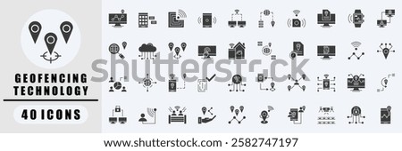 Geofencing Technology black icon set. Covers GPS Tracking, Mobile App, RFID, NFC, Access control, Geolocation data, Smart sensors. Simple vector illustration.