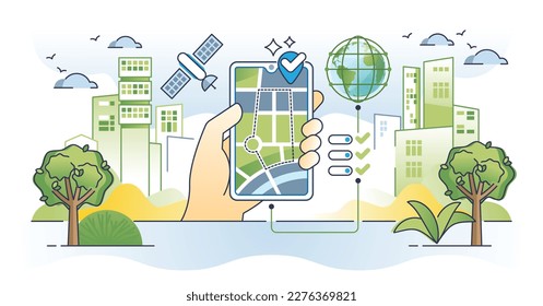 Geofencing technology as focused area marketing notifications outline concept. Location services with GPS satellite signal for smartphone ads vector illustration. Geo fencing online communication.