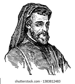 Geoffrey Chaucer, c. 1343-1400, he was famous English poet, author, philosopher, and astronomer, famous as Father of English literature, vintage line drawing or engraving illustration