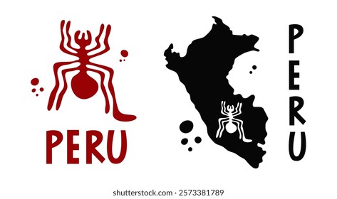 Geoglyph of the spider from Nazca, Peru. Map of Peru with spider geoglyph. Hand-drawn font. Isolated vector Illustration. 