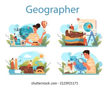 Geographer concept set. Studying the lands, features, inhabitants of the Earth. Geologist, naturalist. Climate and environment research. Isolated vector illustration