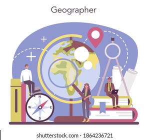 Concepto geógrafo. Estudiar las tierras, características, habitantes de la Tierra. Geólogo, naturalista. Investigación sobre el clima y el medio ambiente. Ilustración vectorial aislada