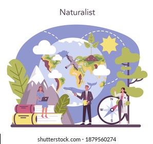 Geographer concept. Studying the lands, features, inhabitants of the Earth. Geologist, naturalist. Climate and environment research. Isolated vector illustration