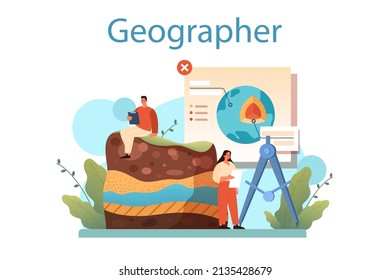 Geographer concept. Studying the lands, features, inhabitants of the Earth. Geologist, naturalist. Climate and environment research. Isolated vector illustration