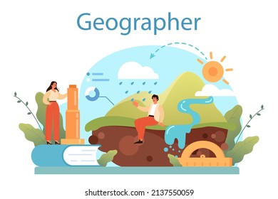 Geographer concept. Studying the lands, features, inhabitants of the Earth. Geologist, naturalist. Climate and environment research. Isolated vector illustration