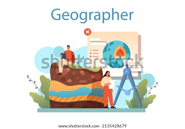 Geographer concept. Studying the\
lands, features, inhabitants of the Earth. Geologist, naturalist.\
Climate and environment research. Isolated vector\
illustration