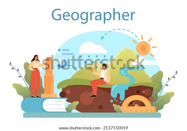 Geographer concept. Studying the\
lands, features, inhabitants of the Earth. Geologist, naturalist.\
Climate and environment research. Isolated vector\
illustration