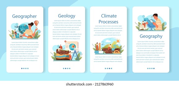 Geographer mobile application banner set. Studying the lands, features, inhabitants of the Earth. Geologist, naturalist. Climate and environment research. Isolated vector illustration
