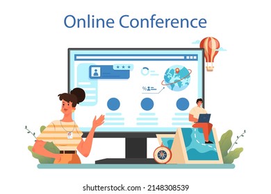 Servicio o plataforma online de geógrafos. Estudiar las tierras, características, habitantes de la Tierra. Investigación ambiental. Conferencia en línea. Ilustración del vector