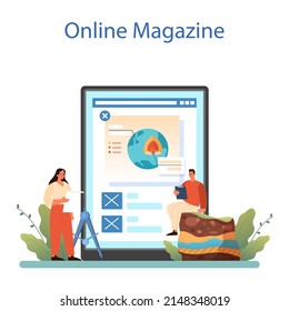 Geographer online service or platform. Studying the lands, features, inhabitants of the Earth. Environment research. Online magazine. Vector illustration