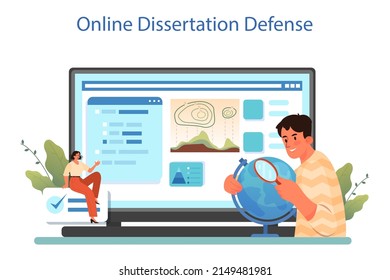 Geographer online service or platform. Studying the lands, features, inhabitants of the Earth. Environment research. Online dessertation defense. Vector illustration