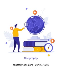 Geograf oder Student, der die Welt durch Lupe betrachtet. Konzept der Geografie, geographische Forschung, Erforschung, Kartographie und Navigation. Moderne Vektorgrafik für Banner, Poster.