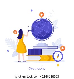 Geographer or student looking at globe through magnifying glass. Concept of geography, geographical research, study of Earth, cartography and navigation. Modern vector illustration for banner, poster.